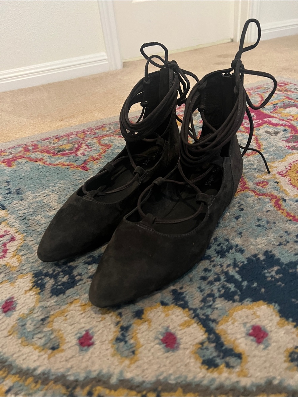 Jeffrey Campbell Black Lace-Up Pointed Toe Ballet Flats